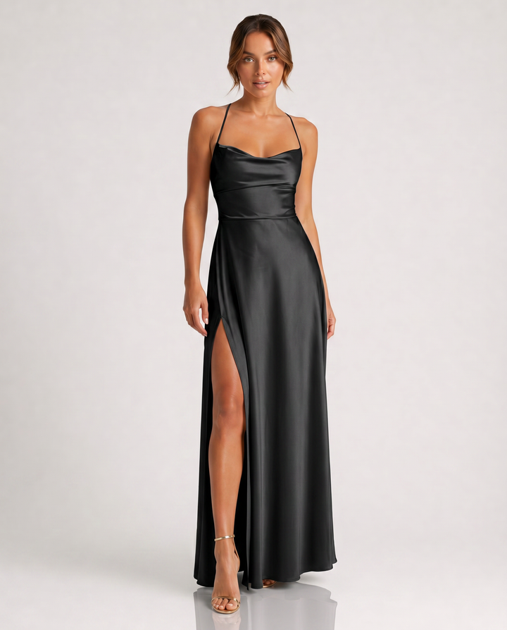 SERENA™|VESTITO LUNGO SATINATO CON SPACCO