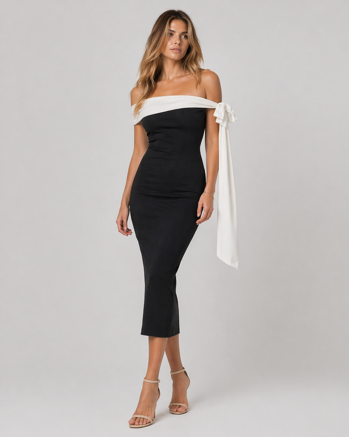 ALESSIA™|VESTITO MIDI OFF-SHOULDER CON FIOCCO