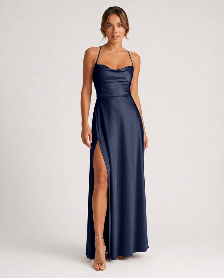 SERENA™|VESTITO LUNGO SATINATO CON SPACCO