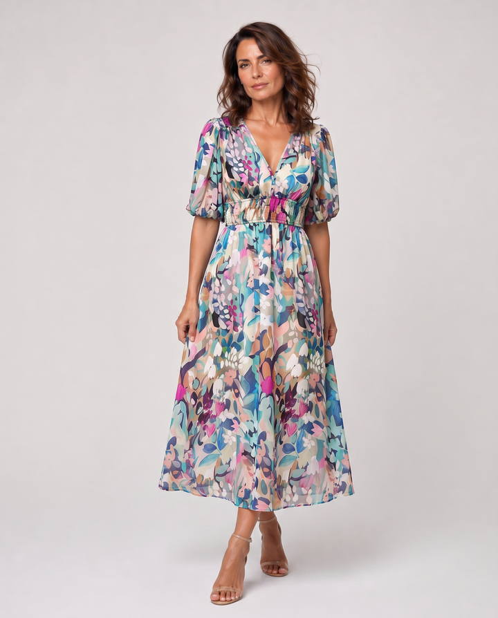 SERENA™|VESTITO MIDI FLUIDO CON SCOLLO A V E MANICHE MORBIDE