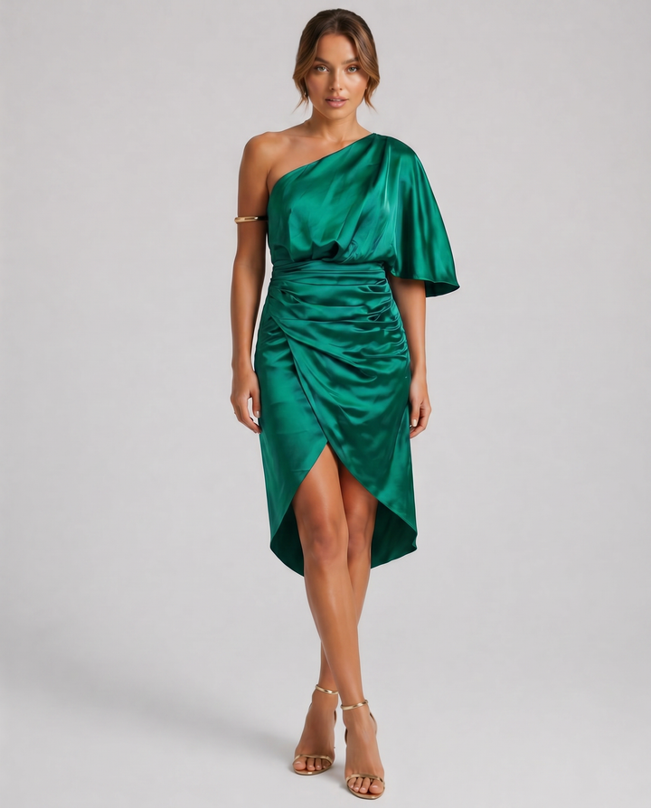 VALERIA™|VESTITO MONOSPALLA SATINATO CON DRAPPEGGIO