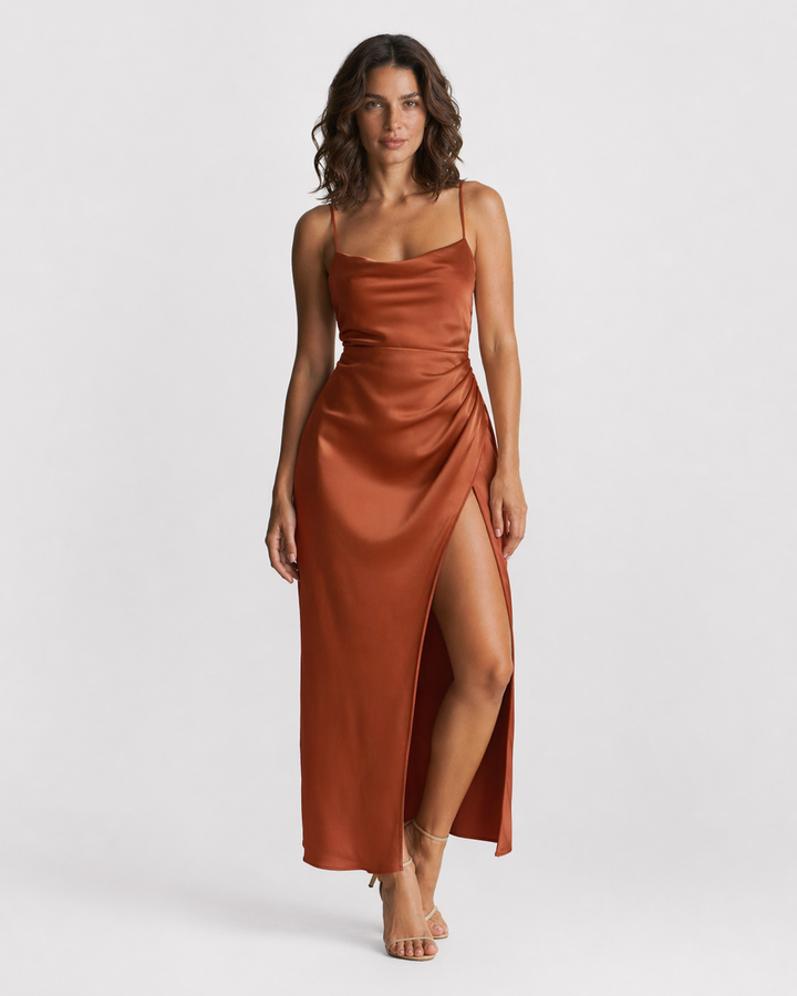 ALESSIA™|VESTITO MIDI SATINATO CON SPACCO LATERALE