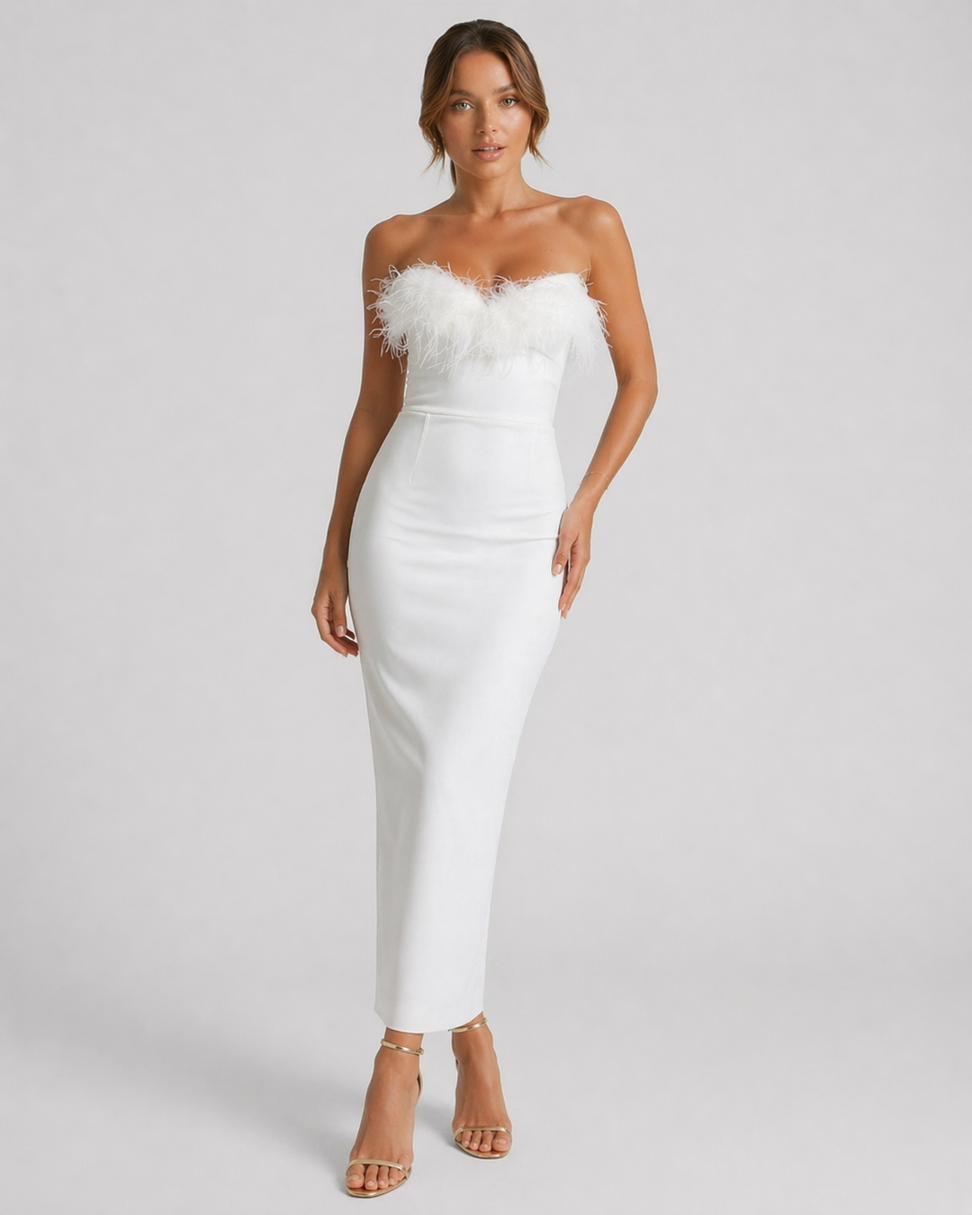 OTTAVIA™|VESTITO MIDI STRAPLESS CON DETTAGLI PIUMA
