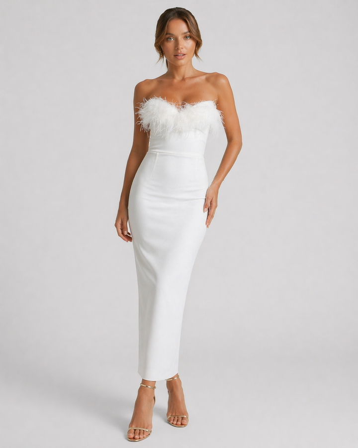 OTTAVIA™|VESTITO MIDI STRAPLESS CON DETTAGLI PIUMA