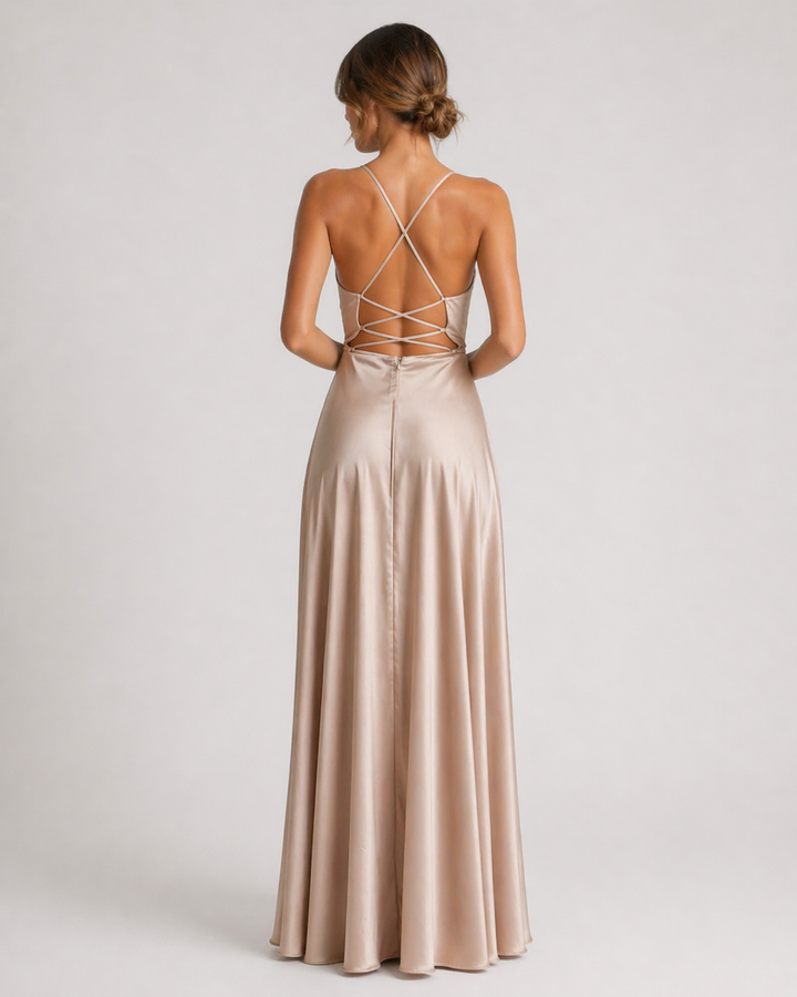 SERENA™|VESTITO LUNGO SATINATO CON SPACCO