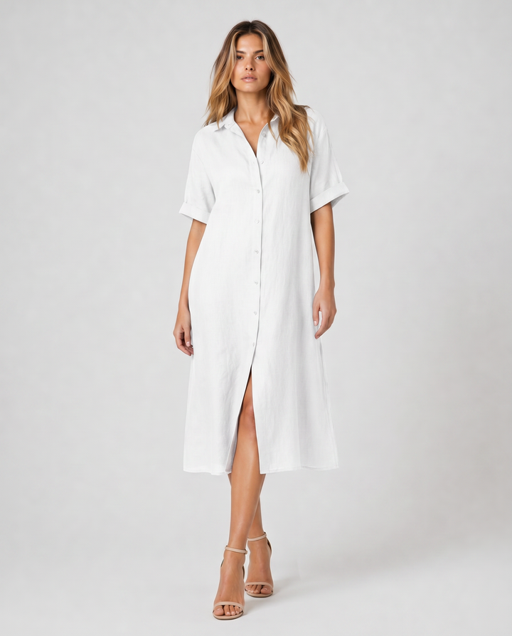 VELMYRA™|VESTITO CAMICIA MIDI FLUIDO CON BOTTONI MINIMAL