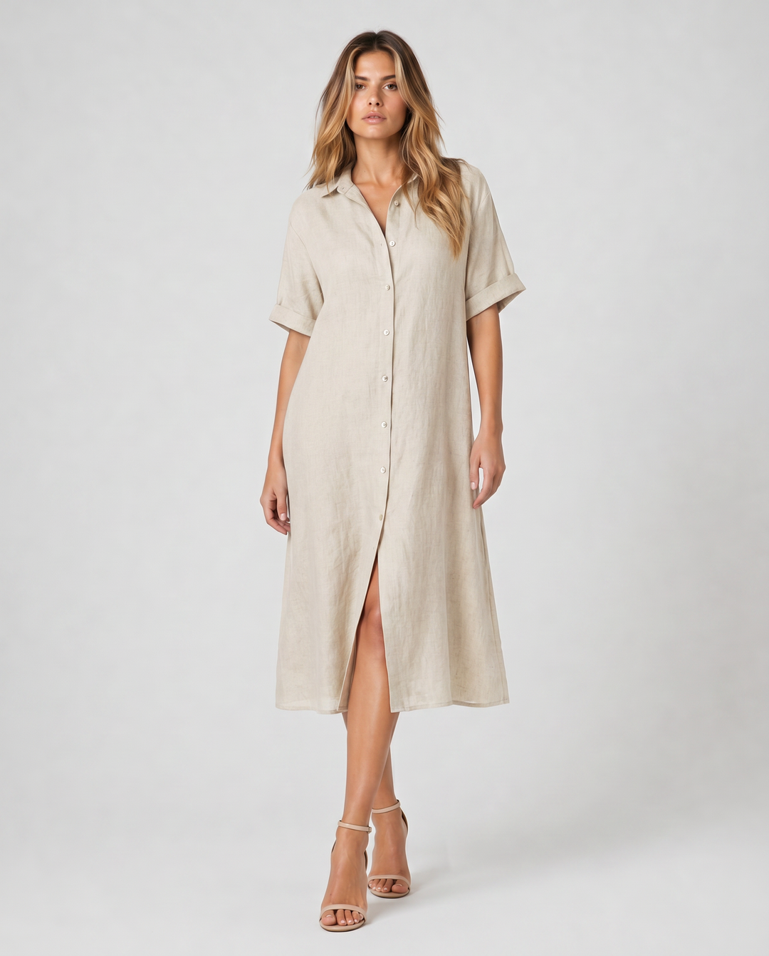 VELMYRA™|VESTITO CAMICIA MIDI FLUIDO CON BOTTONI MINIMAL