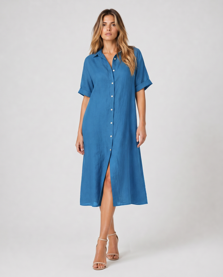 VELMYRA™|VESTITO CAMICIA MIDI FLUIDO CON BOTTONI MINIMAL