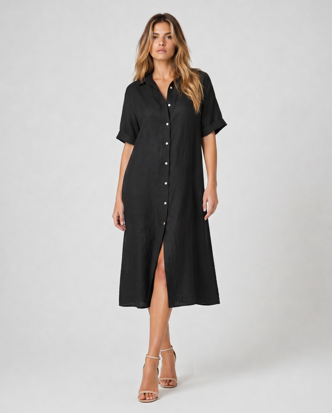 VELMYRA™|VESTITO CAMICIA MIDI FLUIDO CON BOTTONI MINIMAL