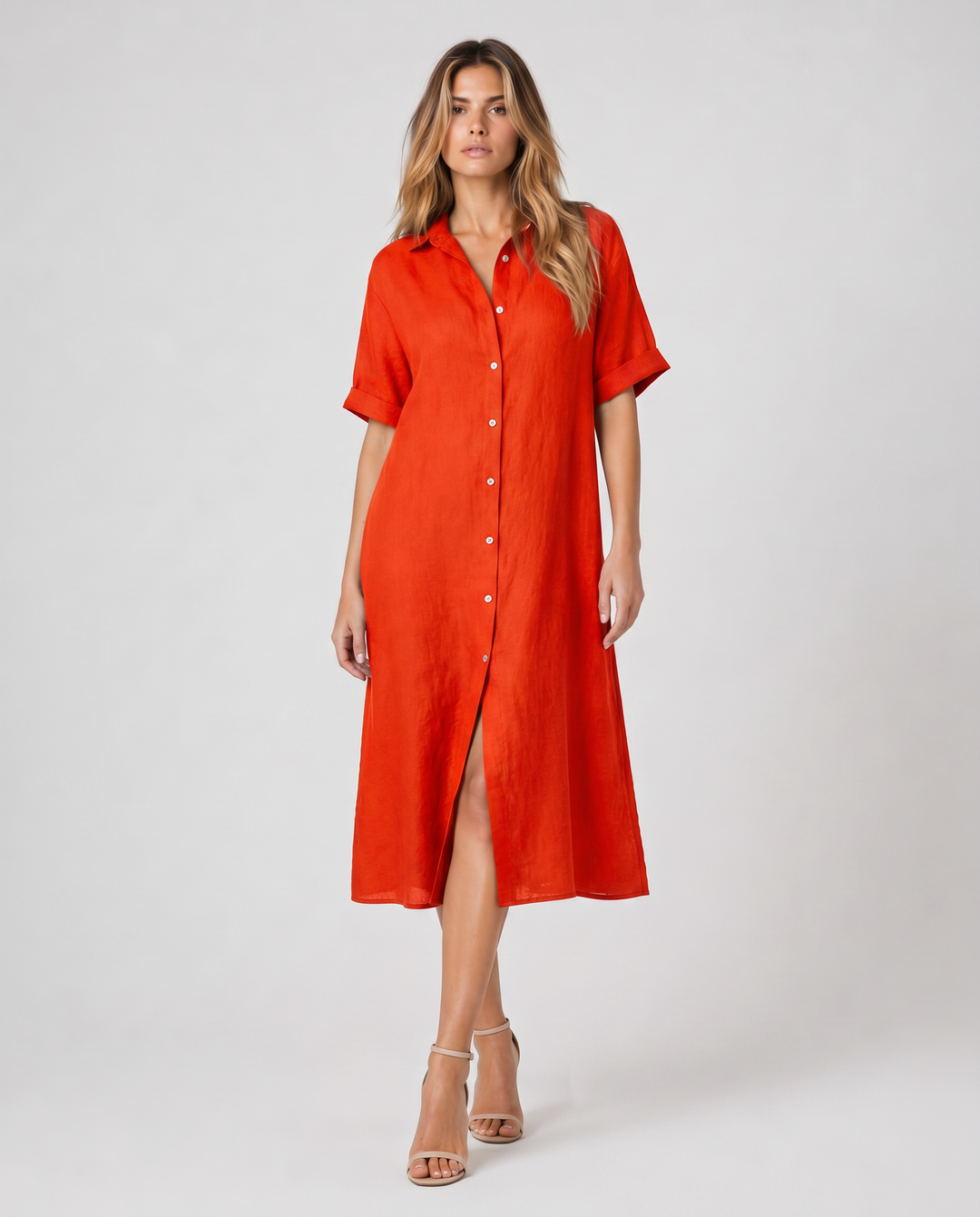 VELMYRA™|VESTITO CAMICIA MIDI FLUIDO CON BOTTONI MINIMAL