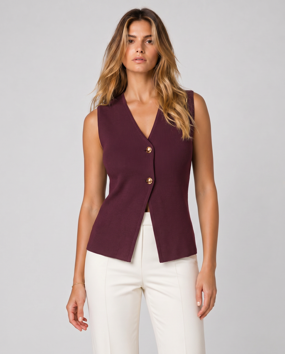 SERENA™|TOP GILET IN MAGLIA SENZA MANICHE CON BOTTONI