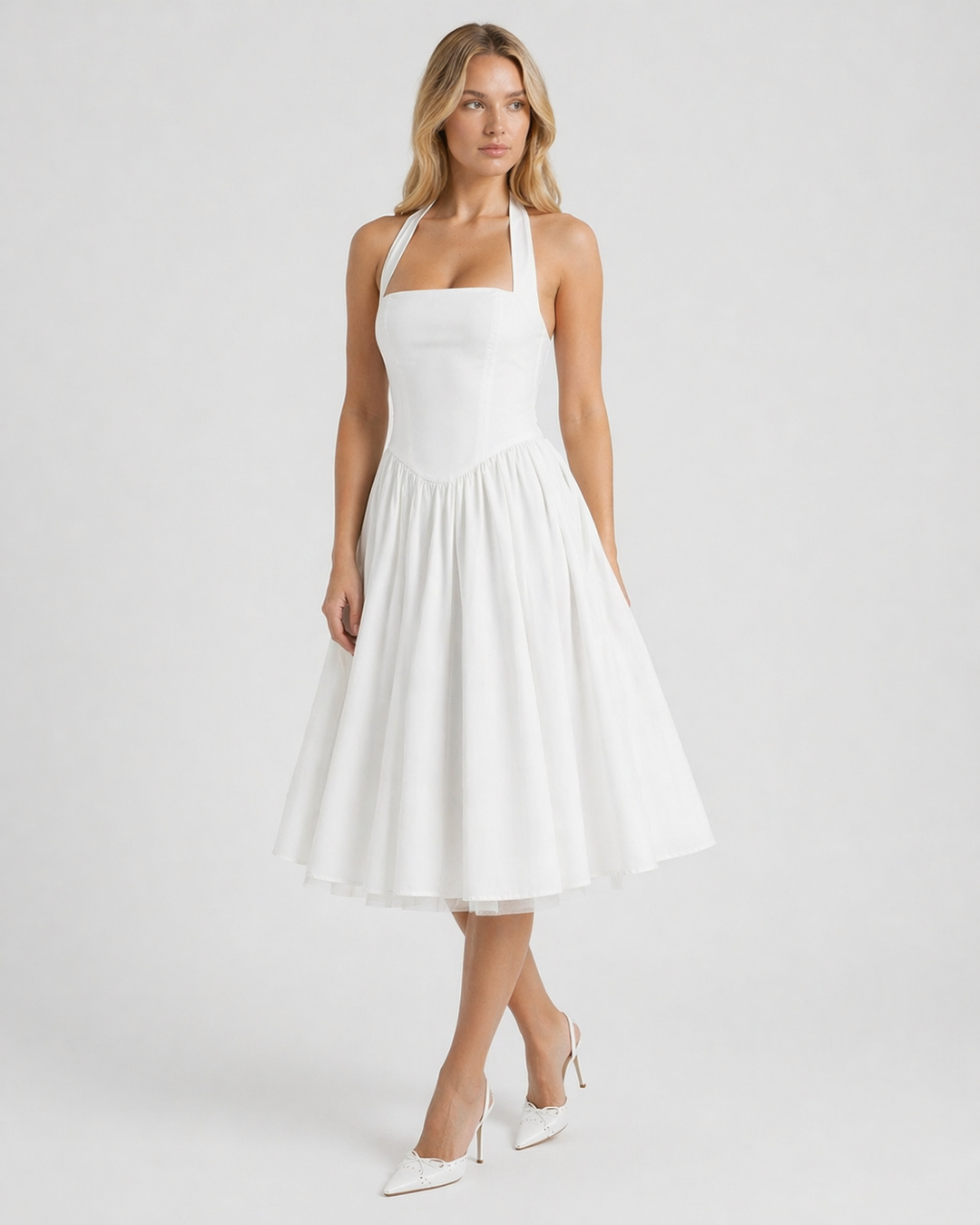 CHIARA™|VESTITO HALTER MIDI CON GONNA VAPOROSA