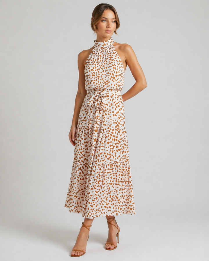 ALBA™|VESTITO MIDI HALTER CON STAMPA A POIS E CINTURA REGOLABILE