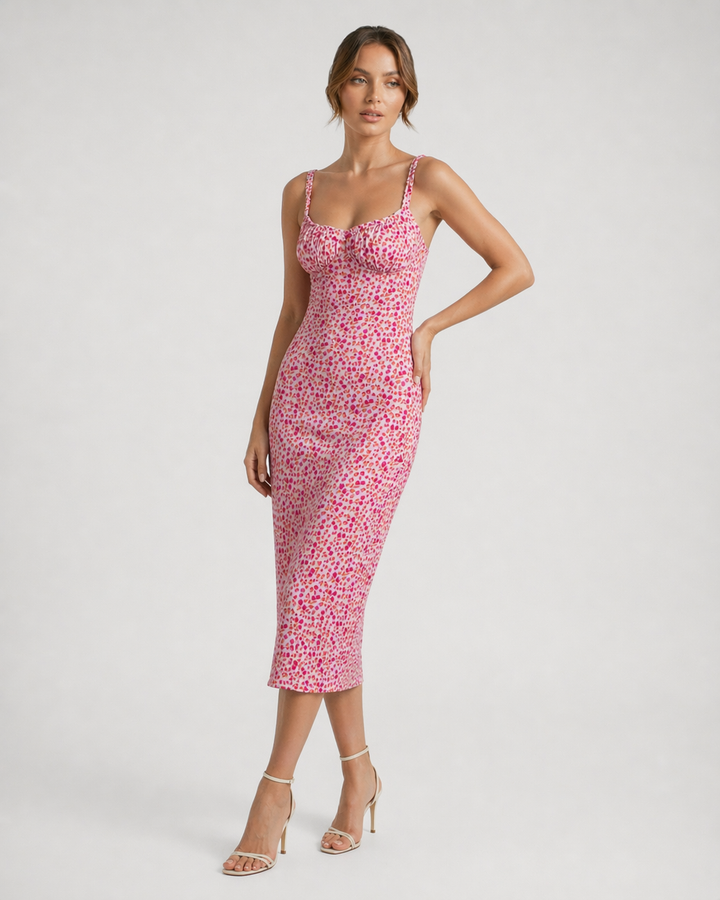 VALERYA™|VESTITO MIDI ADERENTE CON STAMPA FLOREALE E SPALLINE SOTTILI