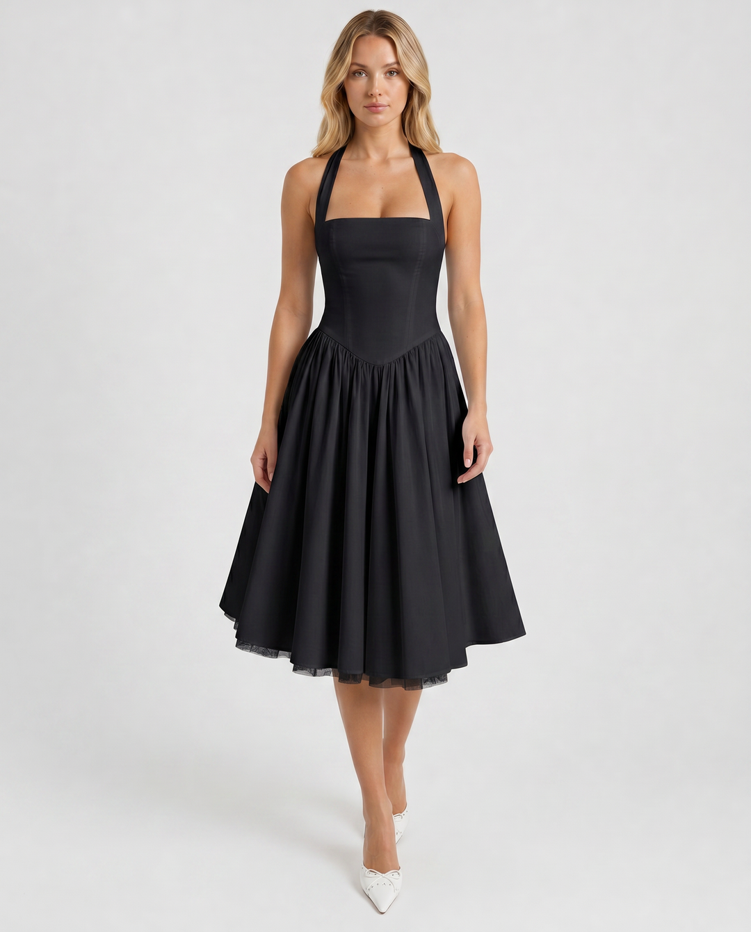 CHIARA™|VESTITO HALTER MIDI CON GONNA VAPOROSA