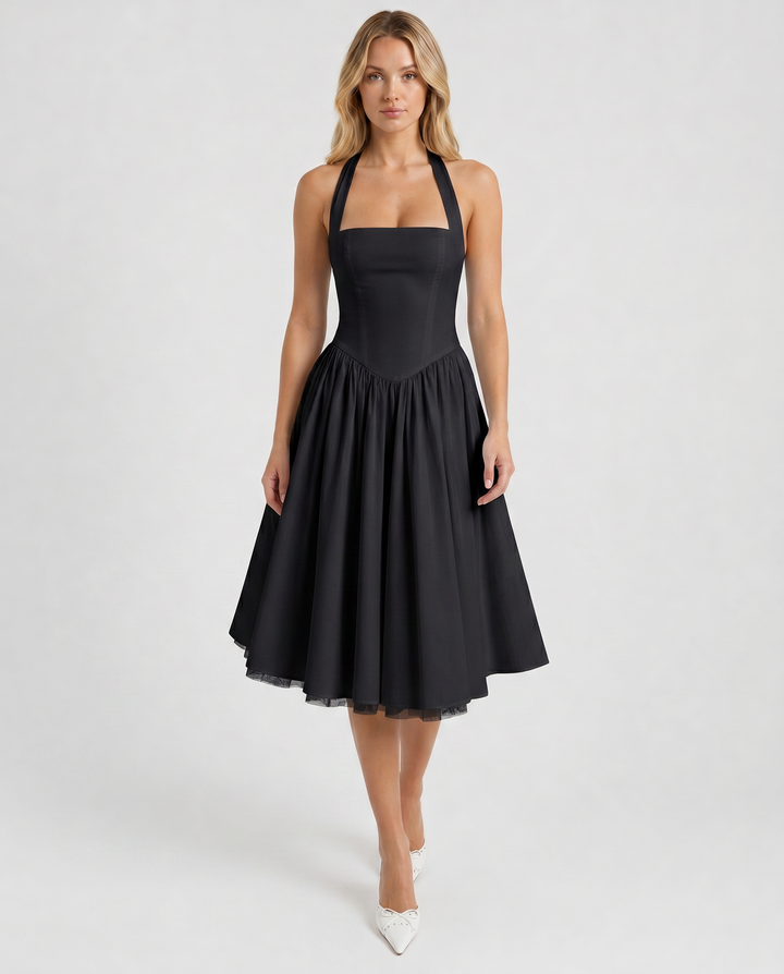CHIARA™|VESTITO HALTER MIDI CON GONNA VAPOROSA