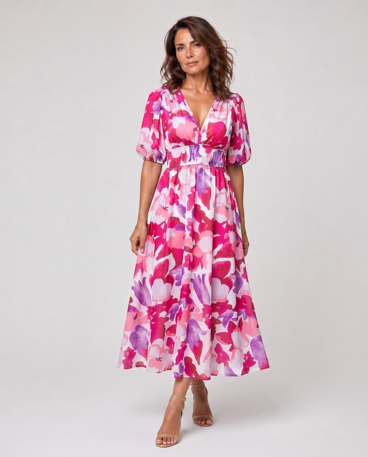 SERENA™|VESTITO MIDI FLUIDO CON SCOLLO A V E MANICHE MORBIDE