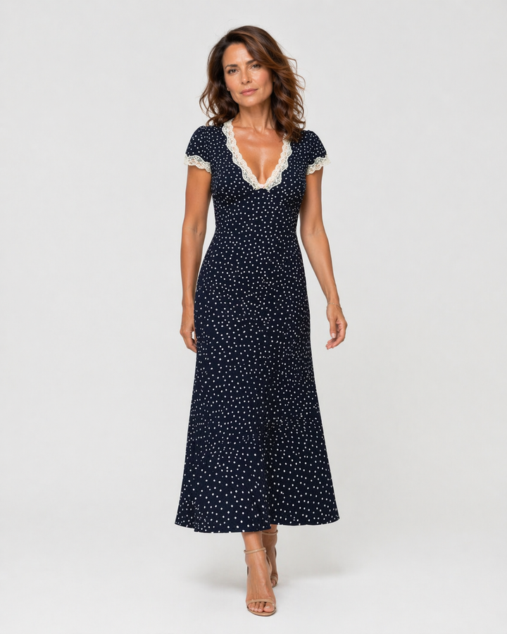 SOFIA™|VESTITO LUNGO A POIS CON SCOLLO IN PIZZO