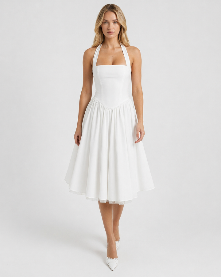 CHIARA™|VESTITO HALTER MIDI CON GONNA VAPOROSA