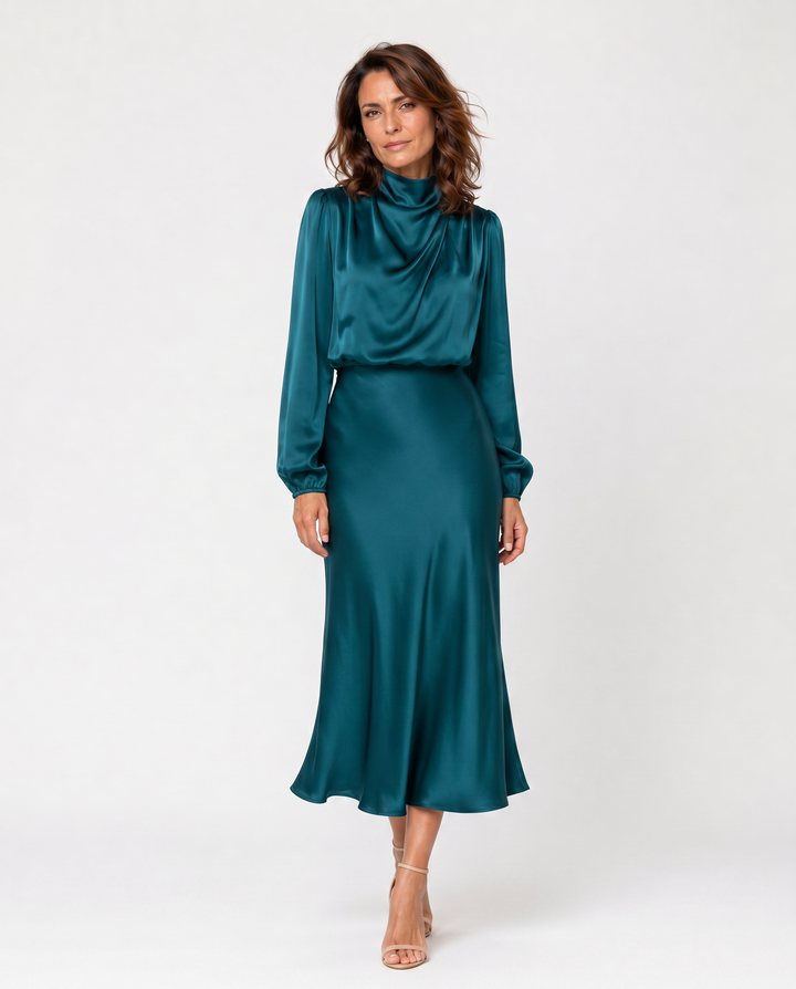 FIAMMETTA™|VESTITO MIDI SATINATO CON COLLO DRAPPEGGIATO