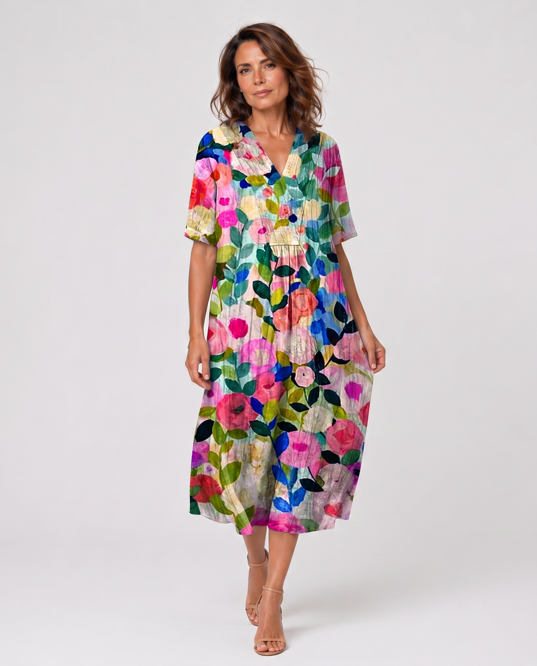 FIORALE™|VESTITO MIDI STAMPATO CON LINEA FLUIDA