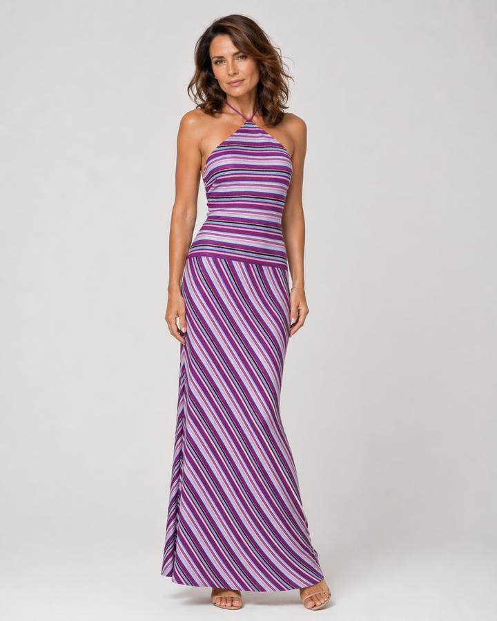 DALILA™|VESTITO LUNGO A RIGHE HALTER