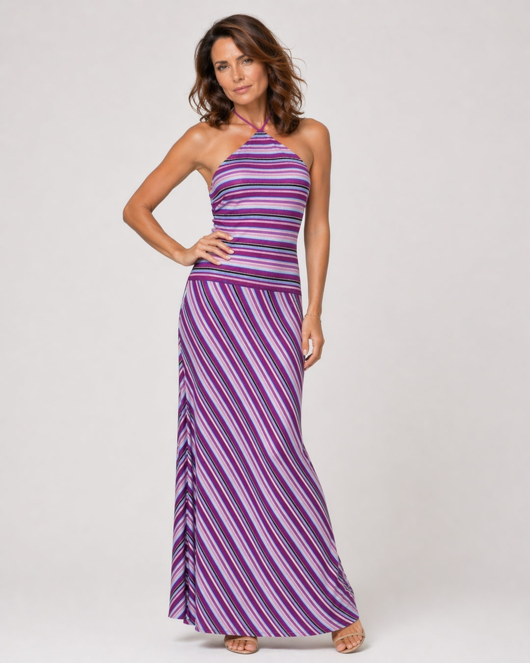 DALILA™|VESTITO LUNGO A RIGHE HALTER