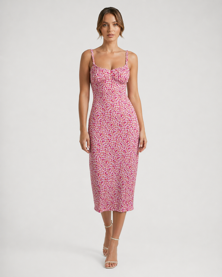 VALERYA™|VESTITO MIDI ADERENTE CON STAMPA FLOREALE E SPALLINE SOTTILI
