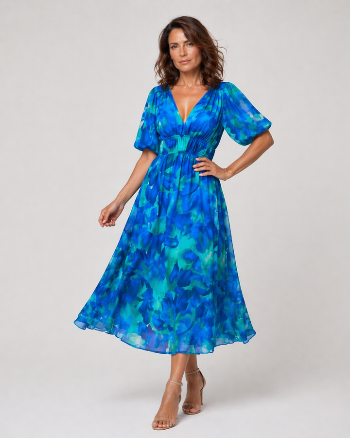 SERENA™|VESTITO MIDI FLUIDO CON SCOLLO A V E MANICHE MORBIDE