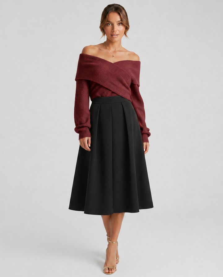 GIORGIA™|SET ELEGANTE CON MAGLIA INCROCIATA OFF-SHOULDER E GONNA MIDI