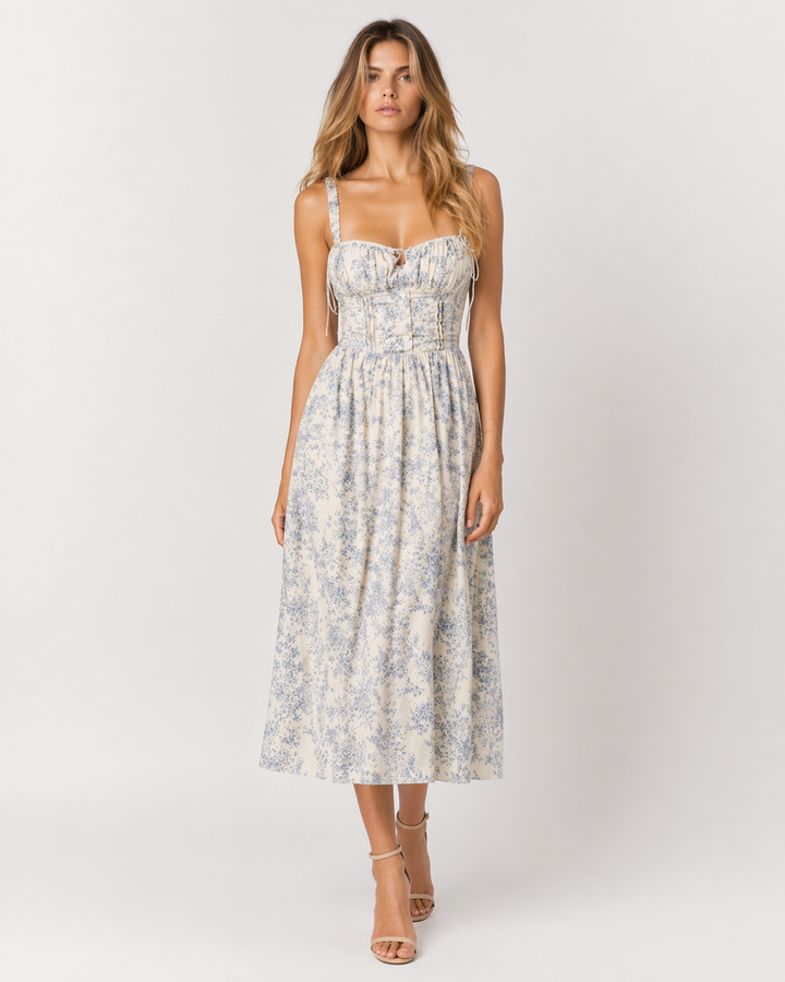 LUDOVICA™|VESTITO MIDI FLOREALE CON CORPETTO STRUTTURATO