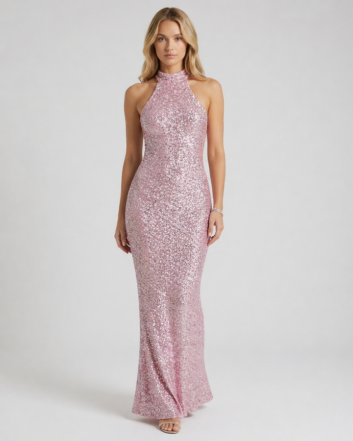 GIULIANA™|VESTITO LUNGO CON PAILLETTES HALTER