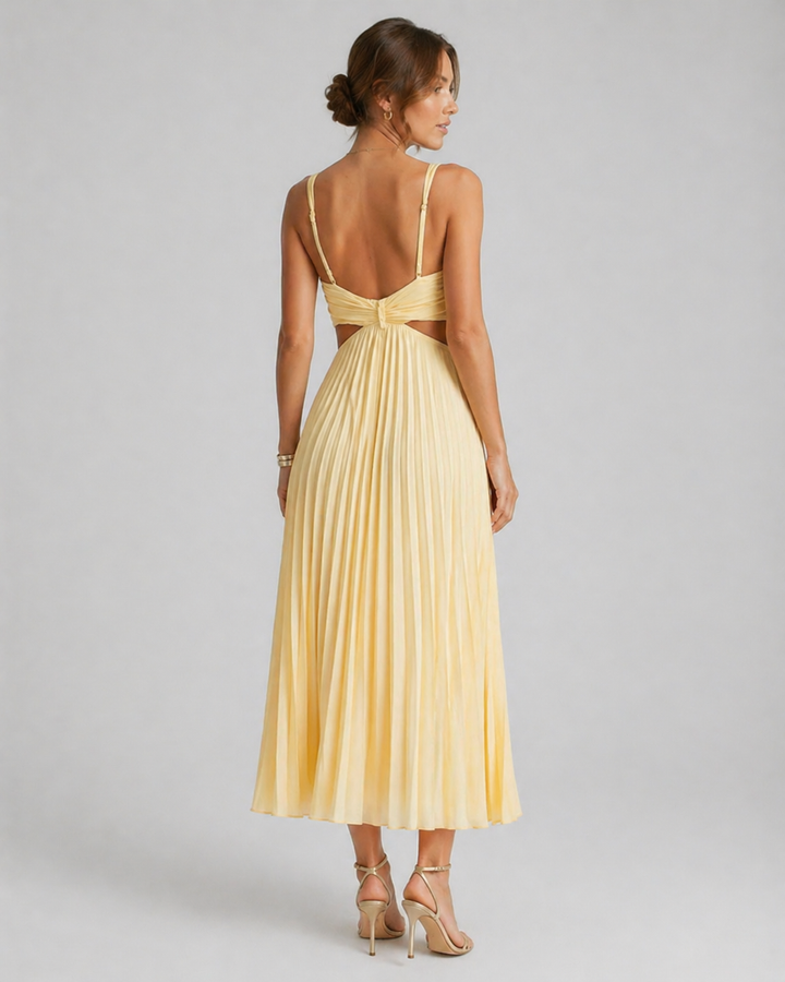 FIAMMETTA™|VESTITO MIDI PLISSETTATO CON SCOLLO PROFONDO