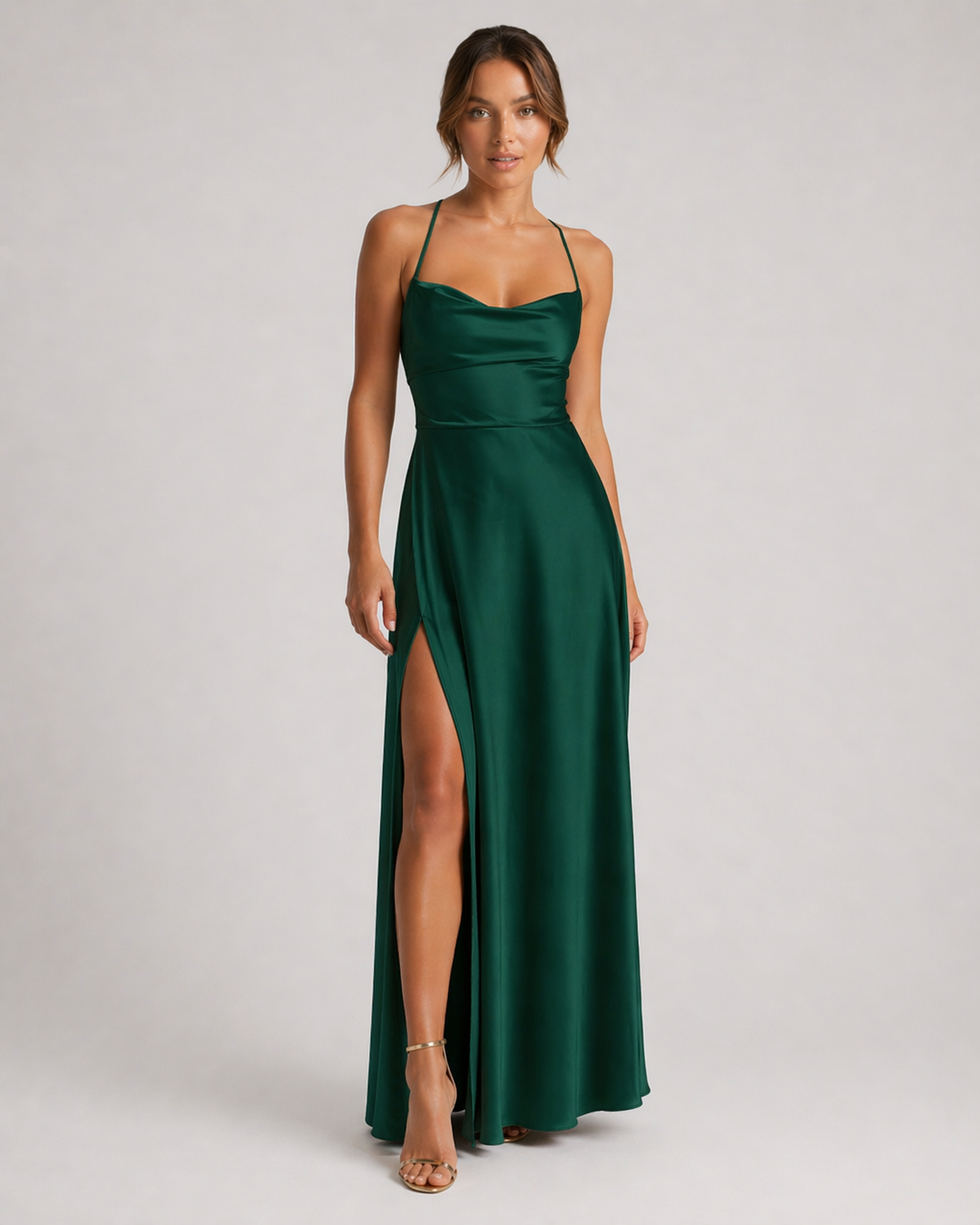 SERENA™|VESTITO LUNGO SATINATO CON SPACCO