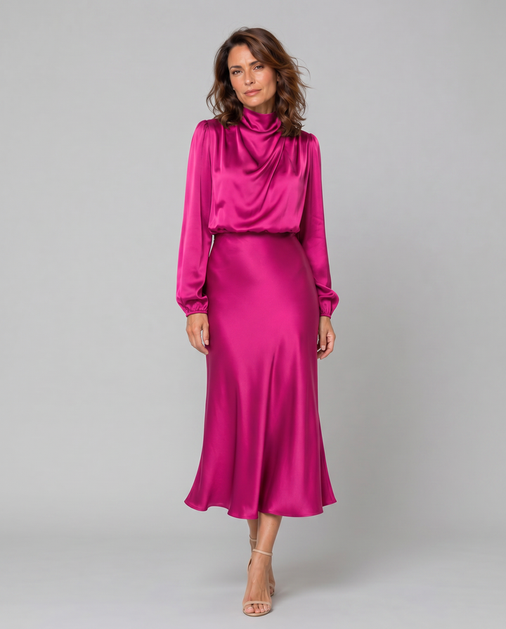 FIAMMETTA™|VESTITO MIDI SATINATO CON COLLO DRAPPEGGIATO