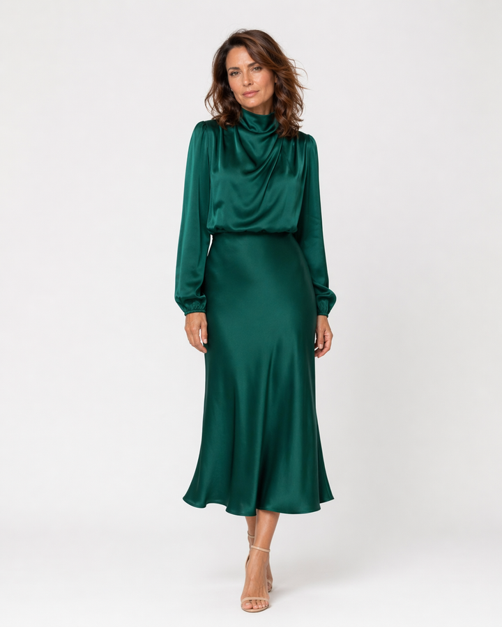 FIAMMETTA™|VESTITO MIDI SATINATO CON COLLO DRAPPEGGIATO