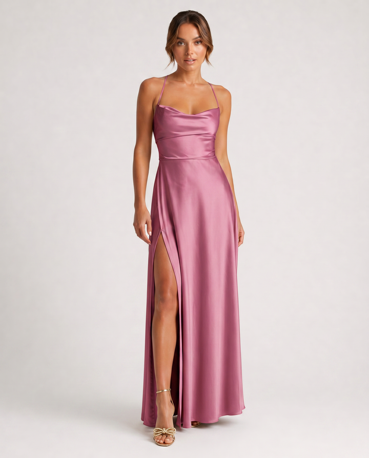 SERENA™|VESTITO LUNGO SATINATO CON SPACCO