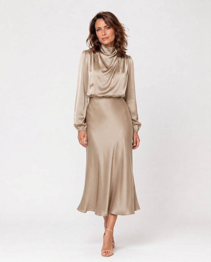 FIAMMETTA™|VESTITO MIDI SATINATO CON COLLO DRAPPEGGIATO