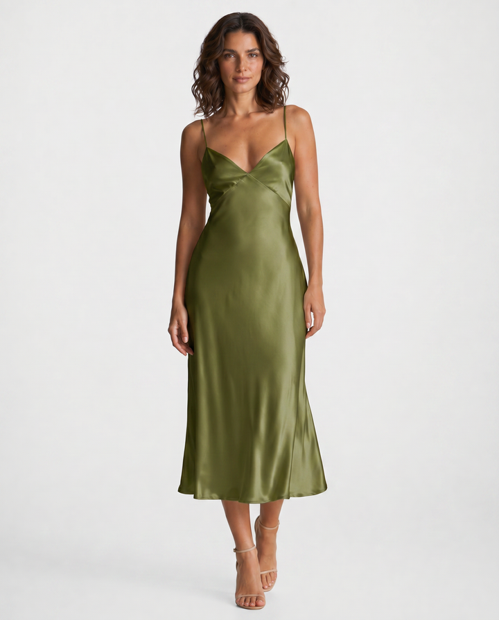 LIVIA™|VESTITO MIDI SATINATO CON SPALLINE SOTTILI