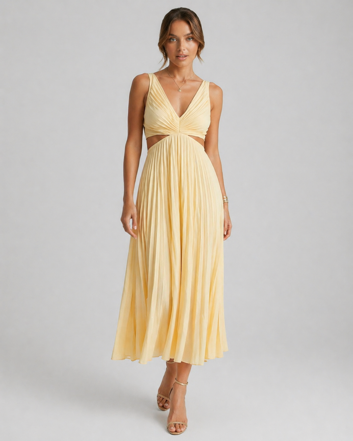 FIAMMETTA™|VESTITO MIDI PLISSETTATO CON SCOLLO PROFONDO