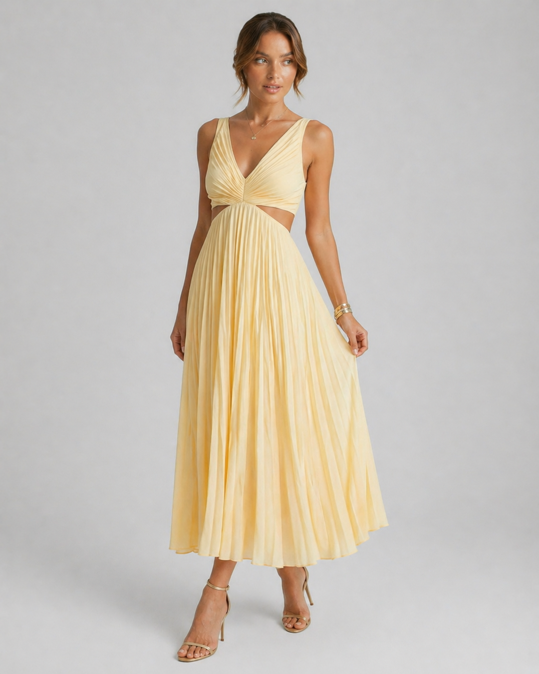 FIAMMETTA™|VESTITO MIDI PLISSETTATO CON SCOLLO PROFONDO