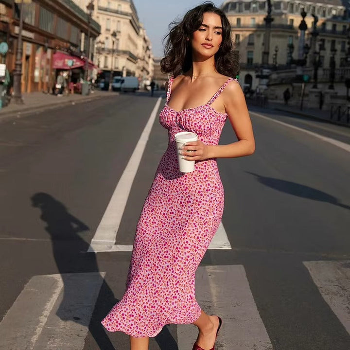 VALERYA™|VESTITO MIDI ADERENTE CON STAMPA FLOREALE E SPALLINE SOTTILI