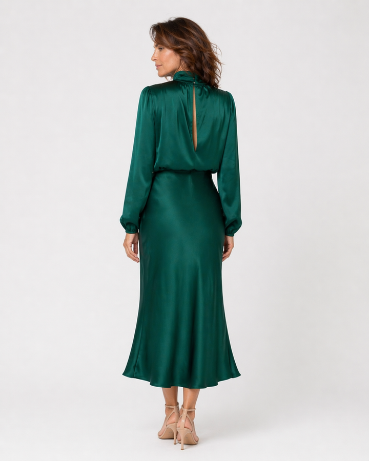 FIAMMETTA™|VESTITO MIDI SATINATO CON COLLO DRAPPEGGIATO