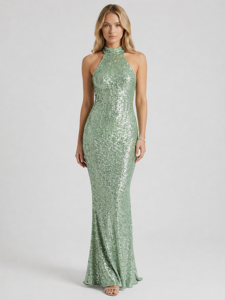 GIULIANA™|VESTITO LUNGO CON PAILLETTES HALTER