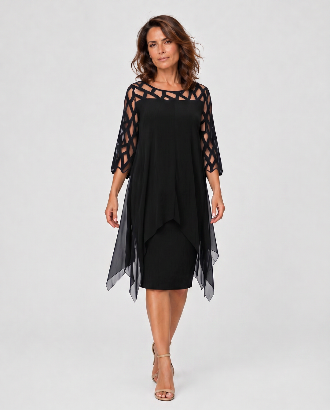 MARTINA™|VESTITO MIDI ELEGANTE CON MANICHE IN RETE E STRATI LEGGERI