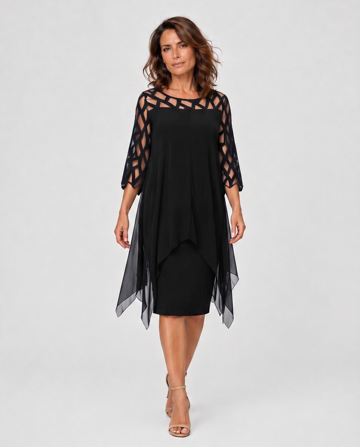 MARTINA™|VESTITO MIDI ELEGANTE CON MANICHE IN RETE E STRATI LEGGERI