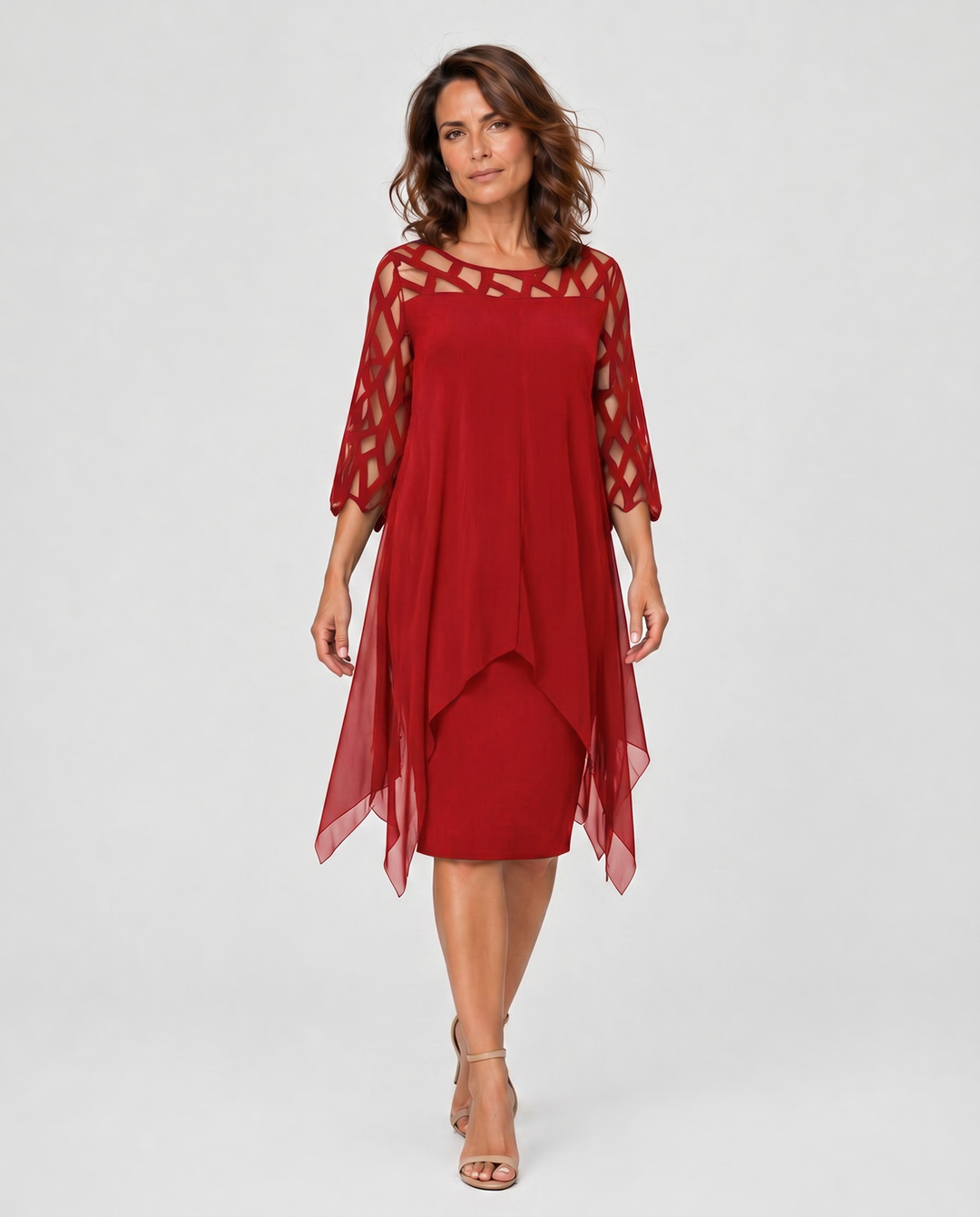 MARTINA™|VESTITO MIDI ELEGANTE CON MANICHE IN RETE E STRATI LEGGERI