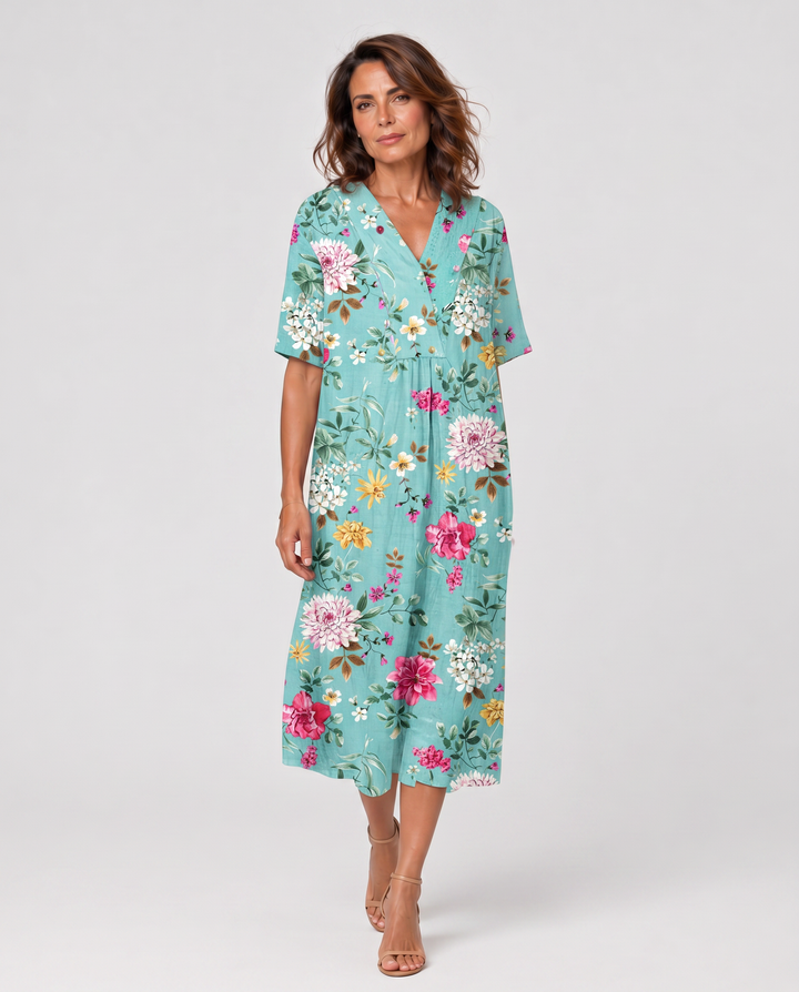 FIORALE™|VESTITO MIDI STAMPATO CON LINEA FLUIDA