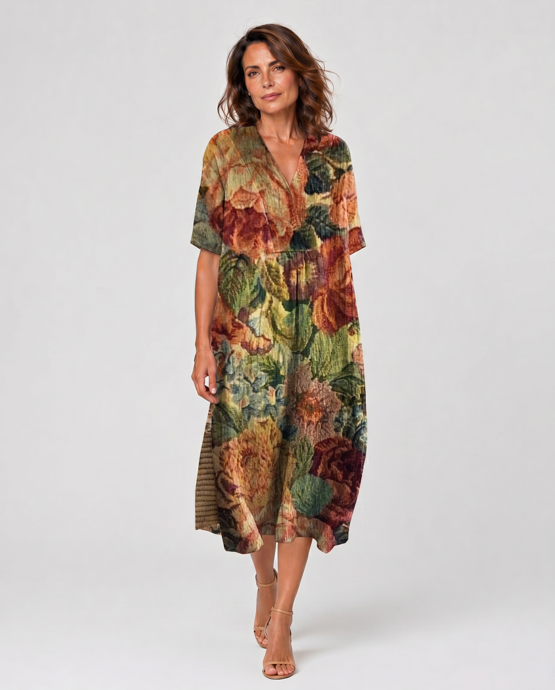 FIORALE™|VESTITO MIDI STAMPATO CON LINEA FLUIDA