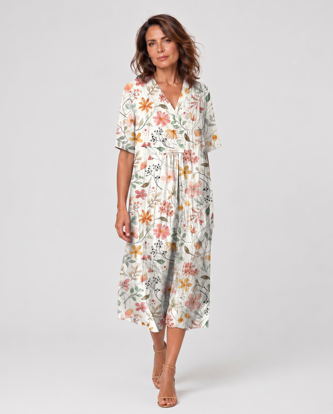 FIORALE™|VESTITO MIDI STAMPATO CON LINEA FLUIDA